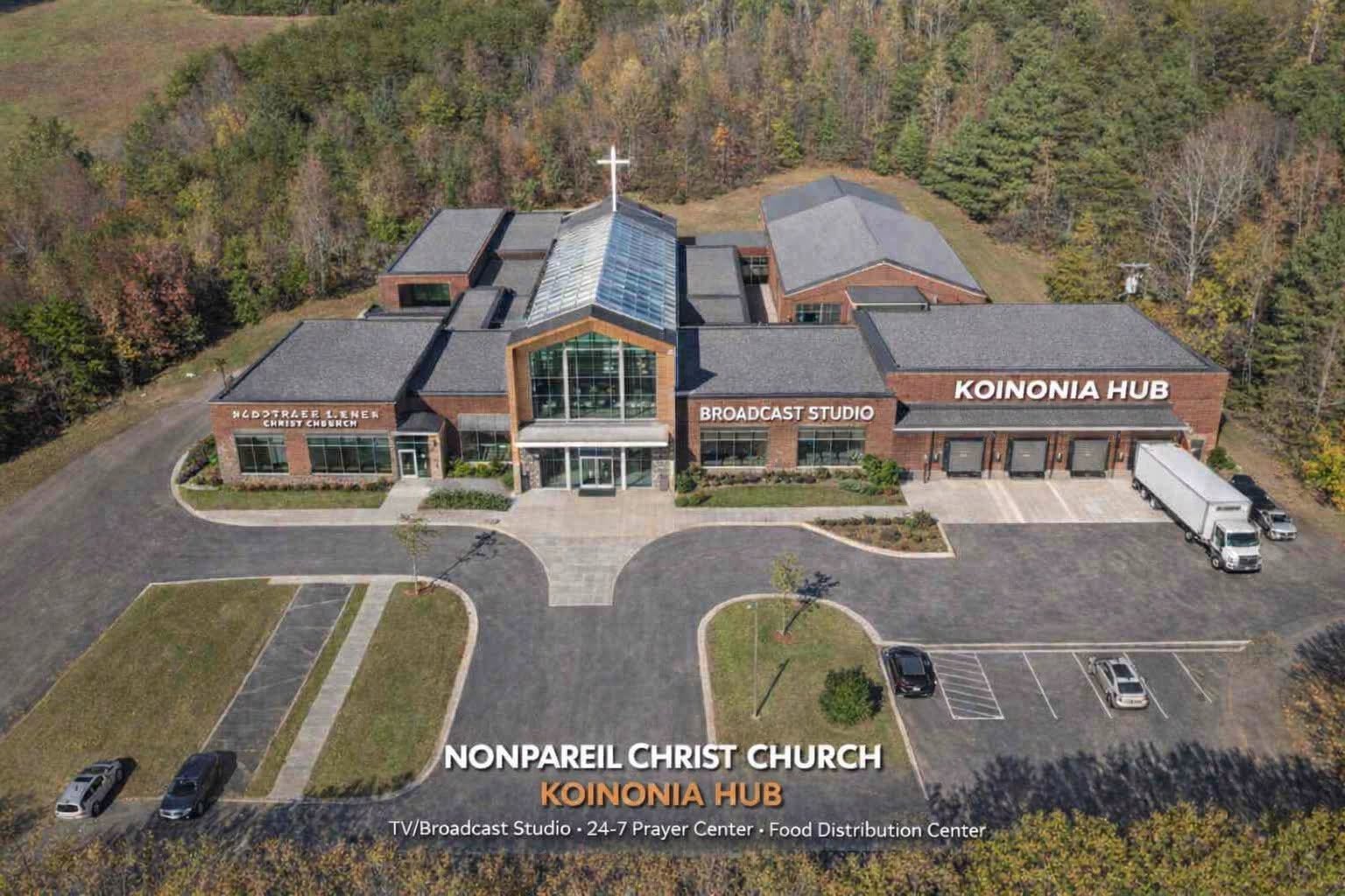 Aerial view of the Nonpareil Christ Church and Koinonia Hub facility in Reidsville, NC, showing the broadcast studio and food distribution center.